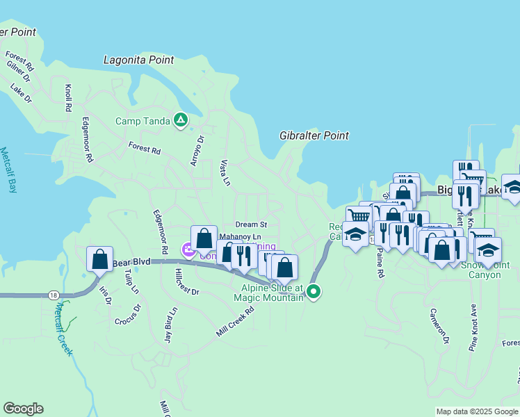 map of restaurants, bars, coffee shops, grocery stores, and more near 535 Wanita Lane in Big Bear Lake