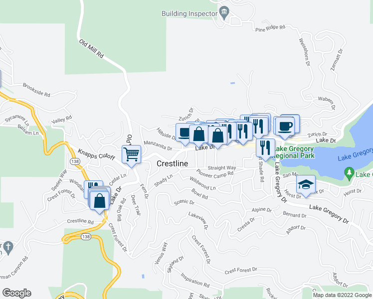 map of restaurants, bars, coffee shops, grocery stores, and more near Lake Dr & Friendly Ln in Crestline