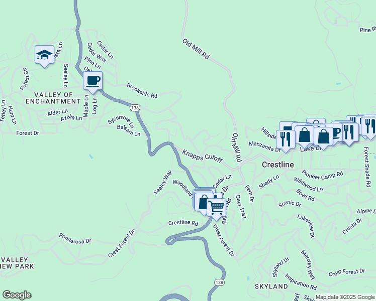 map of restaurants, bars, coffee shops, grocery stores, and more near 23376 Knapps Cutoff in Crestline