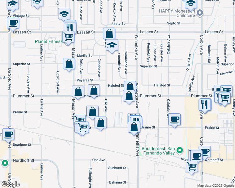map of restaurants, bars, coffee shops, grocery stores, and more near 9501 Laramie Avenue in Los Angeles