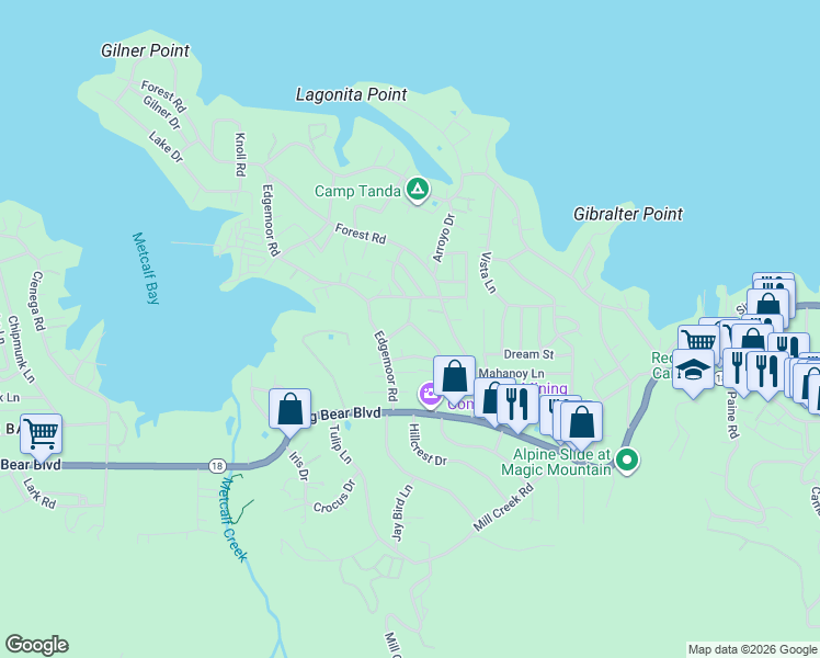 map of restaurants, bars, coffee shops, grocery stores, and more near 534 Highland Road in Big Bear Lake