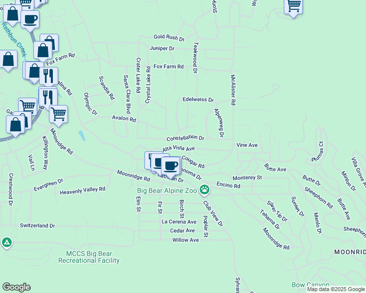 map of restaurants, bars, coffee shops, grocery stores, and more near 42704 Alta Vista Avenue in Big Bear Lake