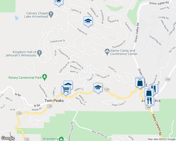 map of restaurants, bars, coffee shops, grocery stores, and more near 26287 Lake Forest Drive in Twin Peaks