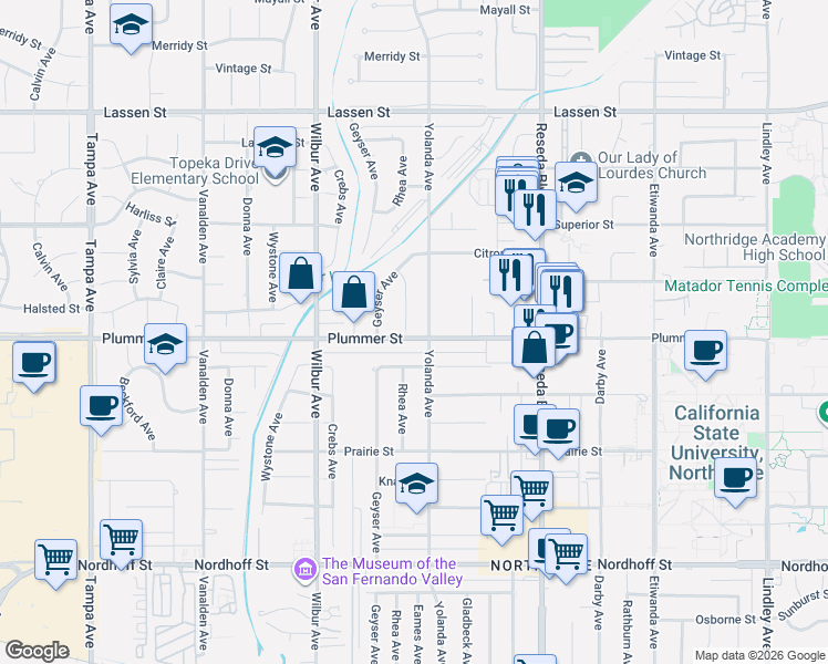 map of restaurants, bars, coffee shops, grocery stores, and more near 18715 Plummer Street in Los Angeles