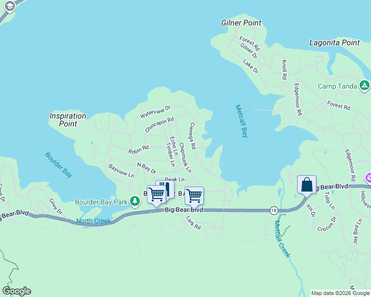 map of restaurants, bars, coffee shops, grocery stores, and more near 547 Chipmunk Lane in Big Bear Lake