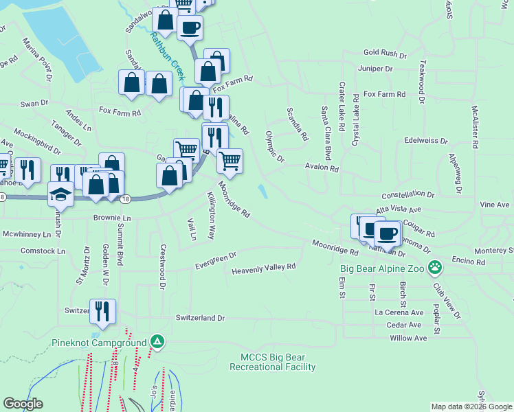 map of restaurants, bars, coffee shops, grocery stores, and more near 42268 Moonridge Road in Big Bear Lake