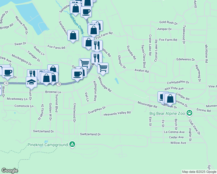 map of restaurants, bars, coffee shops, grocery stores, and more near 42236 Moonridge Road in Big Bear Lake