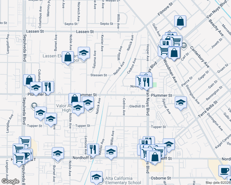 map of restaurants, bars, coffee shops, grocery stores, and more near 14727 Plummer Street in Los Angeles