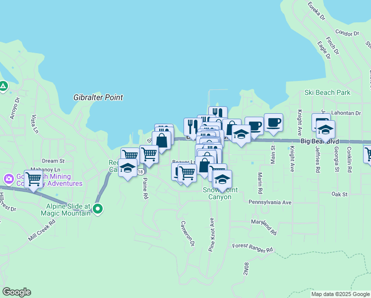 map of restaurants, bars, coffee shops, grocery stores, and more near 528 Cottage Lane in Big Bear Lake