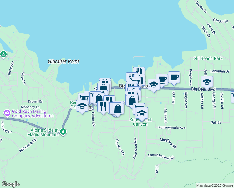 map of restaurants, bars, coffee shops, grocery stores, and more near 529 Badger Lane in Big Bear Lake