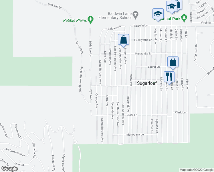 map of restaurants, bars, coffee shops, grocery stores, and more near Kern Avenue in Big Bear