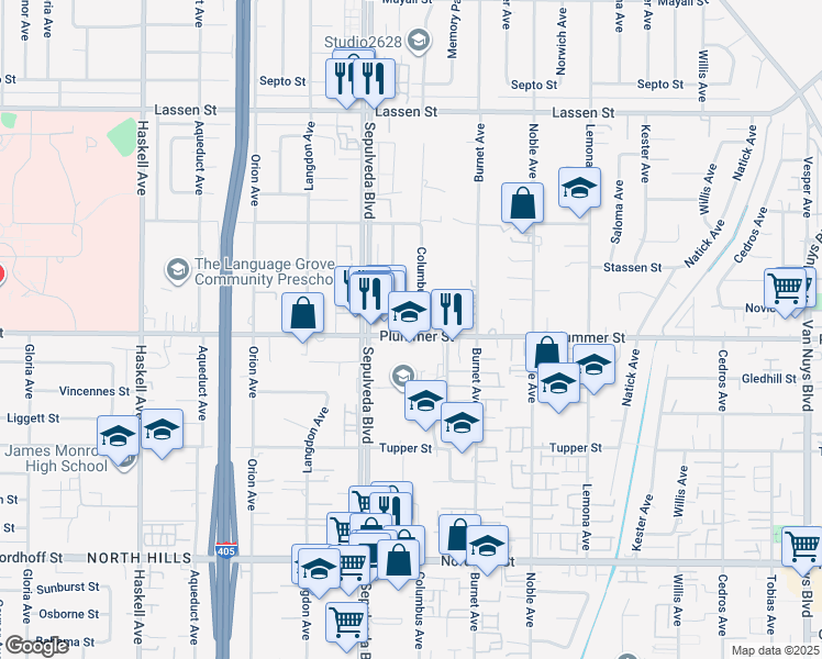 map of restaurants, bars, coffee shops, grocery stores, and more near 9503 Columbus Avenue in Los Angeles
