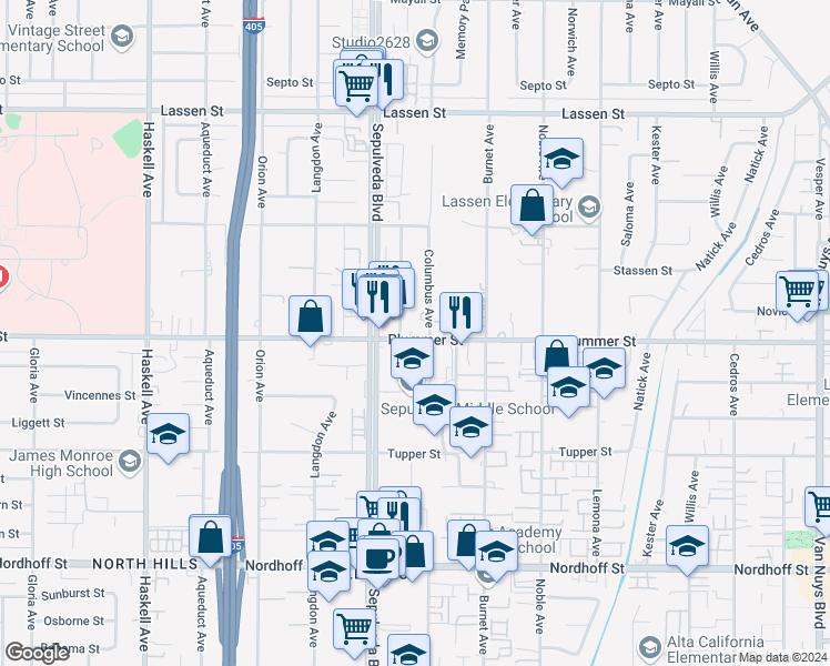 map of restaurants, bars, coffee shops, grocery stores, and more near 9503 Columbus Avenue in Los Angeles