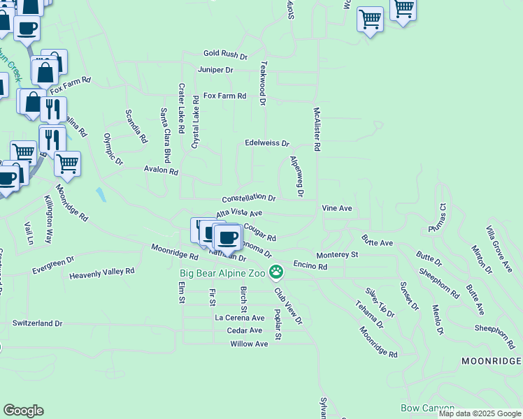 map of restaurants, bars, coffee shops, grocery stores, and more near 42748 Alta Vista Avenue in Big Bear Lake