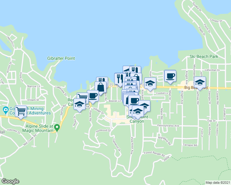 map of restaurants, bars, coffee shops, grocery stores, and more near 40743 Big Bear Boulevard in Big Bear Lake