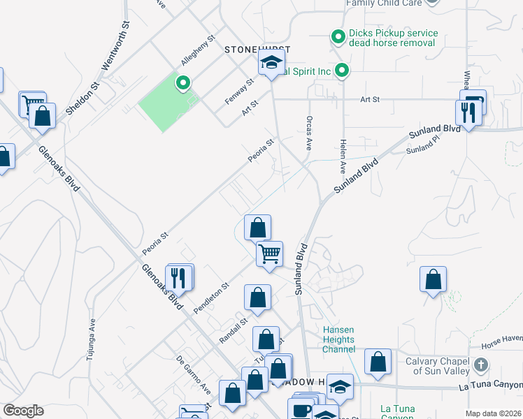 map of restaurants, bars, coffee shops, grocery stores, and more near 9565 Clybourn Avenue in Los Angeles