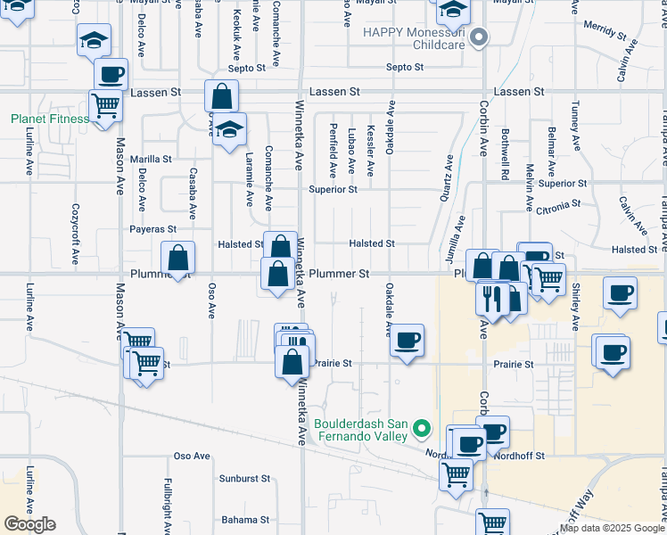map of restaurants, bars, coffee shops, grocery stores, and more near 9523 Lubao Avenue in Los Angeles
