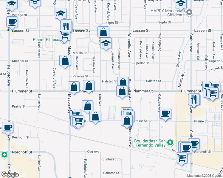 map of restaurants, bars, coffee shops, grocery stores, and more near 9524 Laramie Avenue in Los Angeles