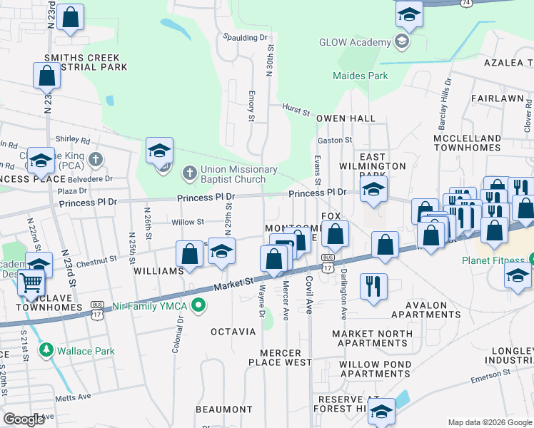 map of restaurants, bars, coffee shops, grocery stores, and more near 320 North 30th Street in Wilmington