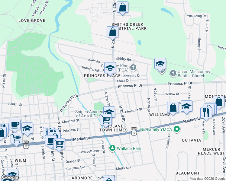 map of restaurants, bars, coffee shops, grocery stores, and more near 2209 Princess Place Drive in Wilmington