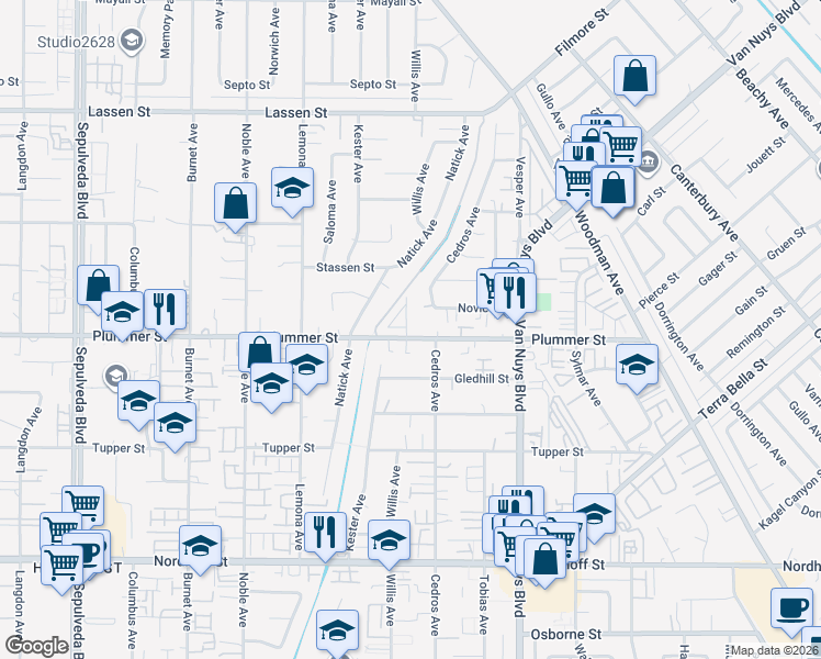 map of restaurants, bars, coffee shops, grocery stores, and more near 9504 Corterra Lane in Los Angeles