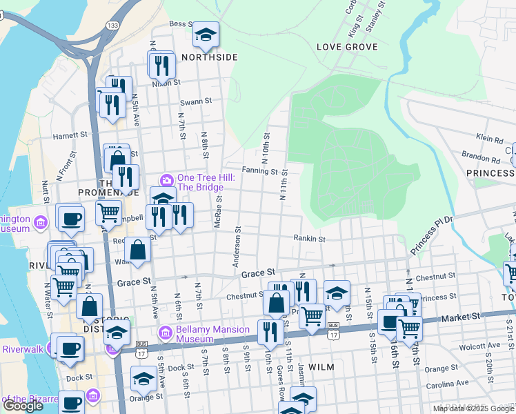 map of restaurants, bars, coffee shops, grocery stores, and more near 605 North 10th Street in Wilmington