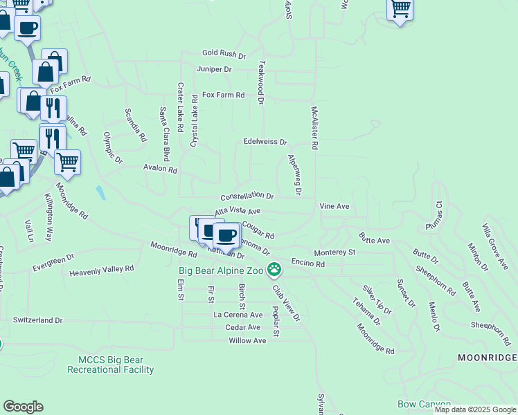 map of restaurants, bars, coffee shops, grocery stores, and more near 42748 Alta Vista Avenue in Big Bear Lake