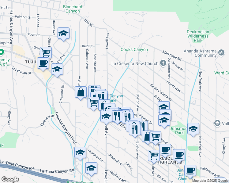 map of restaurants, bars, coffee shops, grocery stores, and more near 3932 Los Olivos Lane in Glendale