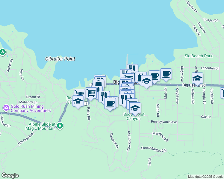 map of restaurants, bars, coffee shops, grocery stores, and more near 528 Cottage Lane in Big Bear Lake