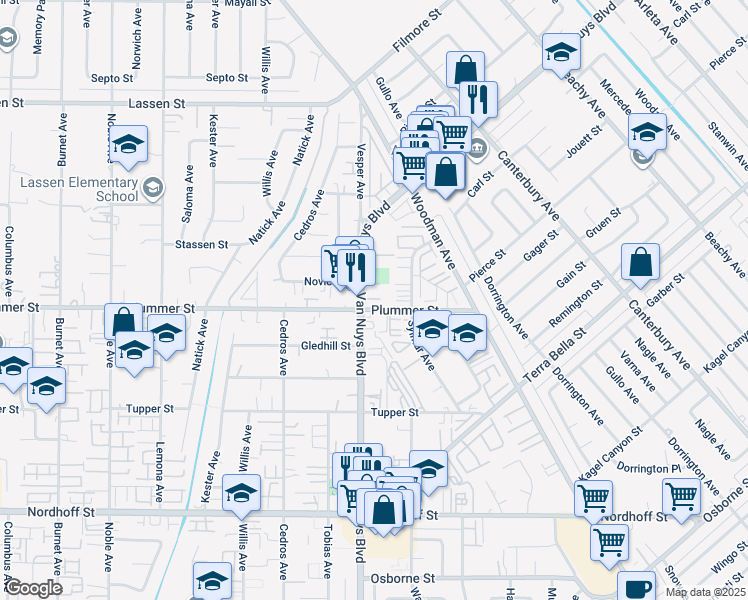 map of restaurants, bars, coffee shops, grocery stores, and more near 9502 Van Nuys Boulevard in Los Angeles