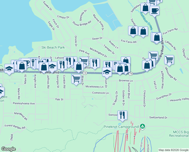 map of restaurants, bars, coffee shops, grocery stores, and more near 41609 Big Bear Boulevard in Big Bear Lake