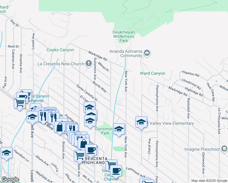 map of restaurants, bars, coffee shops, grocery stores, and more near 3441 Brookhill Street in Glendale