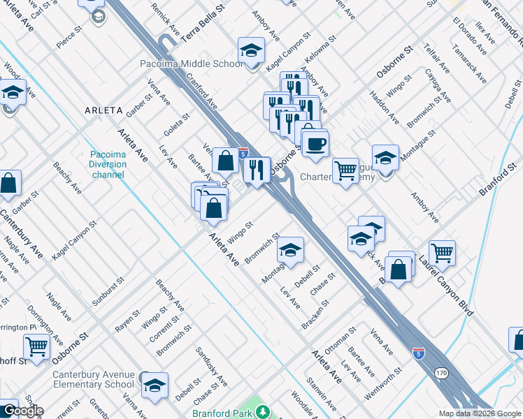 map of restaurants, bars, coffee shops, grocery stores, and more near 13277 Wingo Street in Los Angeles