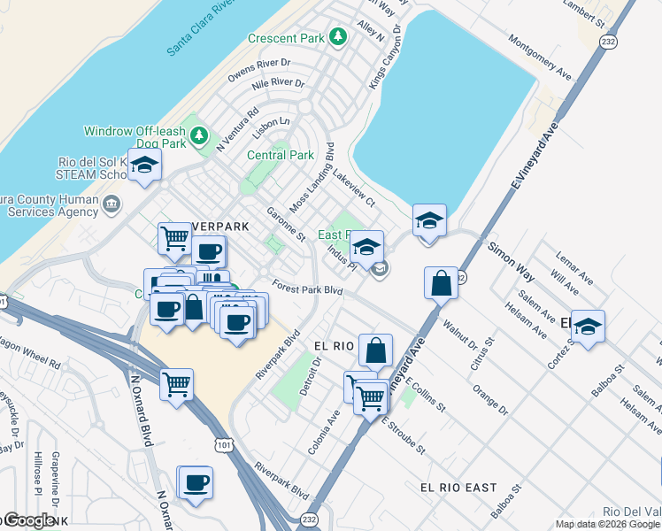 map of restaurants, bars, coffee shops, grocery stores, and more near 3005 Roia Lane in Oxnard