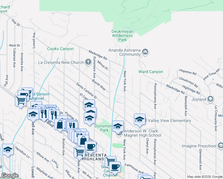map of restaurants, bars, coffee shops, grocery stores, and more near 3447 Burritt Way in Glendale