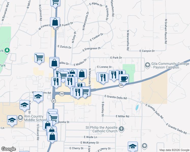 map of restaurants, bars, coffee shops, grocery stores, and more near 211 North Manzanita Drive in Payson