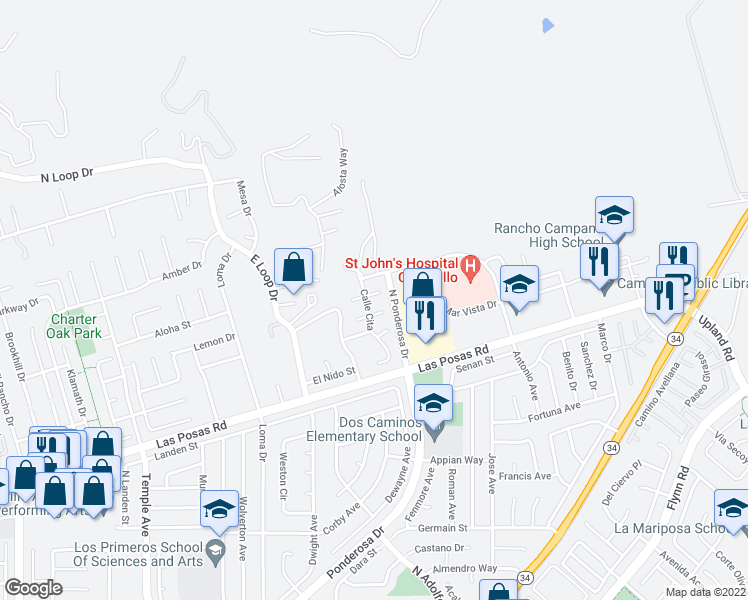 map of restaurants, bars, coffee shops, grocery stores, and more near 3442 Huerta Court in Camarillo