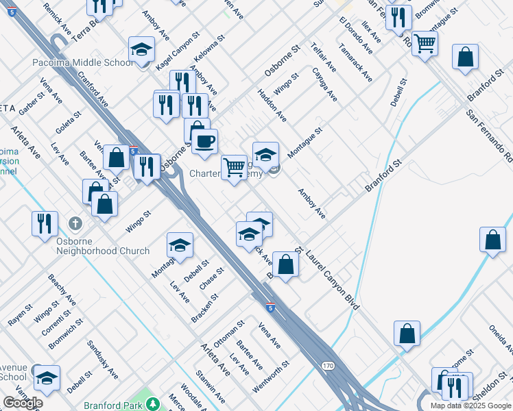 map of restaurants, bars, coffee shops, grocery stores, and more near 9575 Laurel Canyon Boulevard in Los Angeles