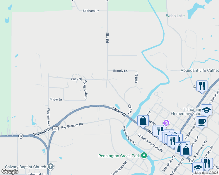 map of restaurants, bars, coffee shops, grocery stores, and more near 309 Elks Road in Tishomingo