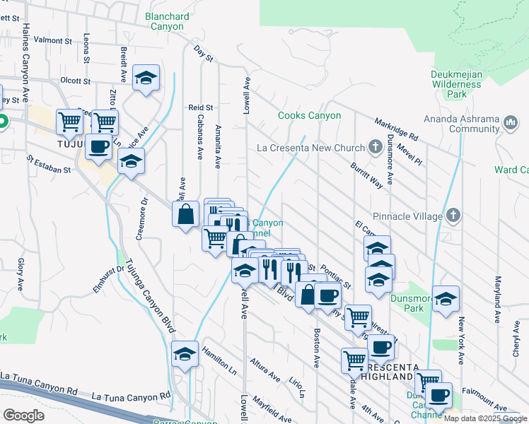 map of restaurants, bars, coffee shops, grocery stores, and more near 3932 Los Olivos Lane in Glendale