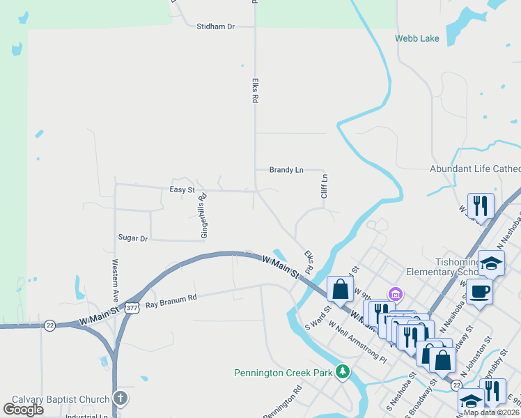 map of restaurants, bars, coffee shops, grocery stores, and more near Elks Camp Road in Tishomingo