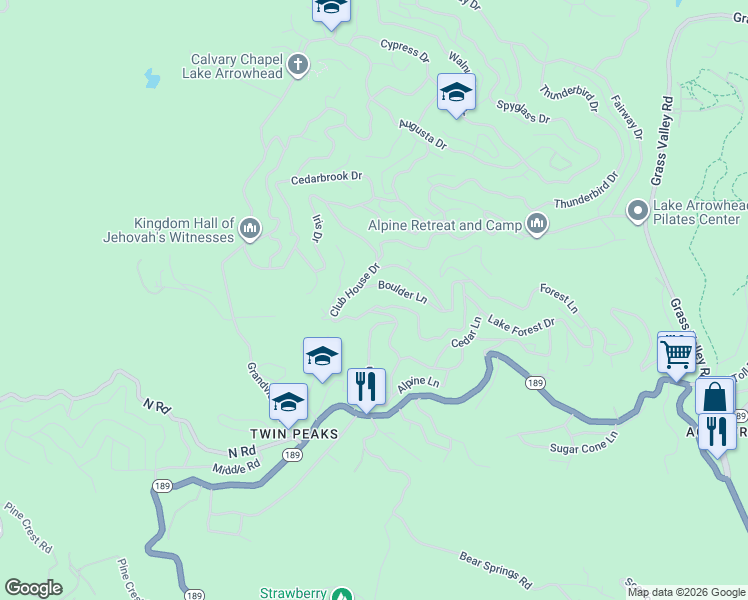map of restaurants, bars, coffee shops, grocery stores, and more near 26155 Boulder Lane in Twin Peaks