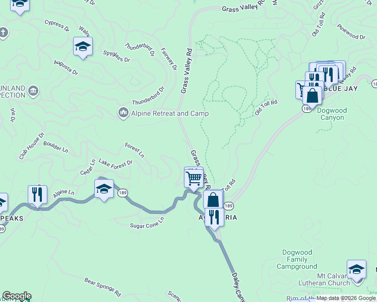 map of restaurants, bars, coffee shops, grocery stores, and more near 615 Karenken Pines Drive in Lake Arrowhead