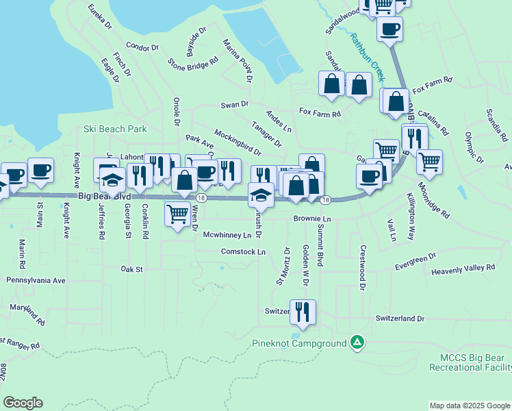 map of restaurants, bars, coffee shops, grocery stores, and more near 41693 Big Bear Boulevard in Big Bear Lake