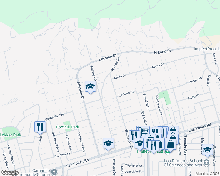 map of restaurants, bars, coffee shops, grocery stores, and more near 545 West Loop Drive in Camarillo