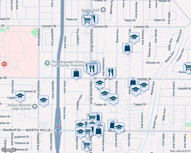 map of restaurants, bars, coffee shops, grocery stores, and more near 9504 Sepulveda Boulevard in Los Angeles