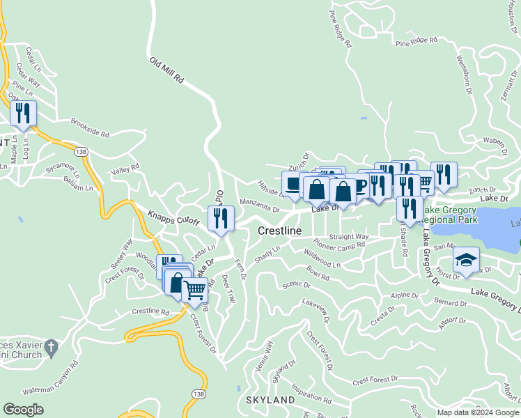 map of restaurants, bars, coffee shops, grocery stores, and more near 23677 Manzanita Drive in Crestline