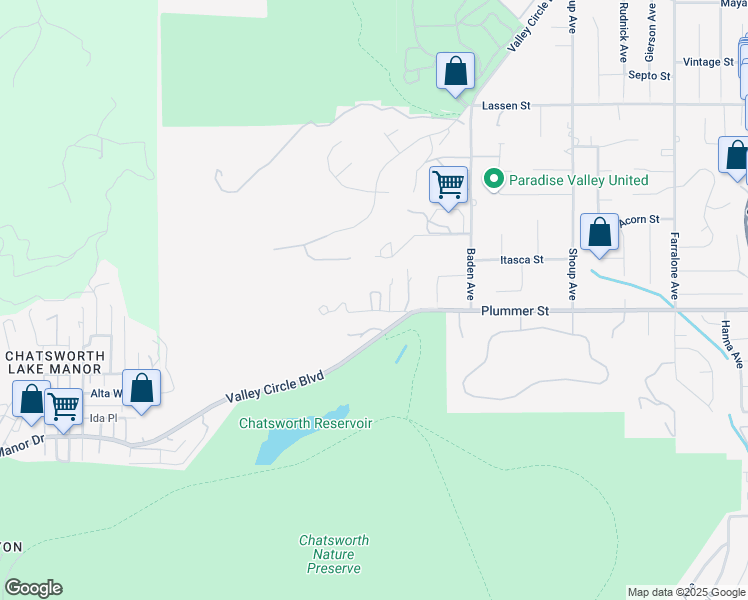 map of restaurants, bars, coffee shops, grocery stores, and more near 22757 Plummer Street in Los Angeles