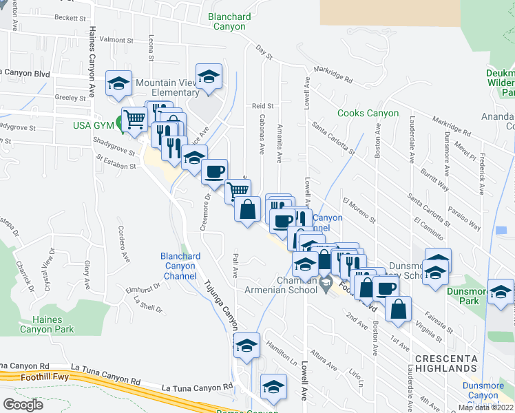 map of restaurants, bars, coffee shops, grocery stores, and more near 9662 Cabanas Avenue in Los Angeles