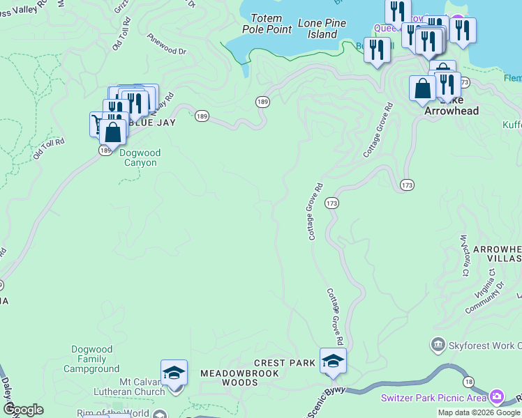 map of restaurants, bars, coffee shops, grocery stores, and more near 559 Millburn Road in Lake Arrowhead